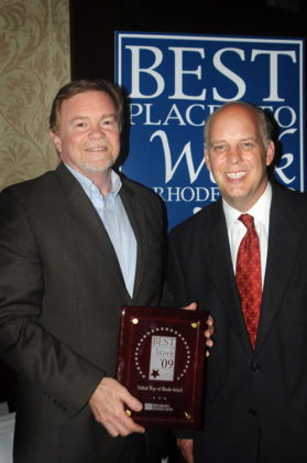 United Way CEO Tony Maione accepts award from PBN Publisher Roger Bergenheim  / PBN PHOTO/FRANK MULLIN