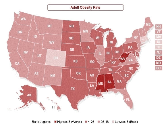 IN RHODE ISLAND, 21.7 PERCENT of adults are classified as obese, the fourth-lowest rate in the nation. The chart above shows how the states fared, with darker-colored states having a higher percentage of obese adults. / IN RHODE ISLAND, 21.7 PERCENT of adults are classified as obese, the fourth-lowest rate in the nation. The chart above shows how the states fared, with darker-colored states having a higher percentage of obese adults. /