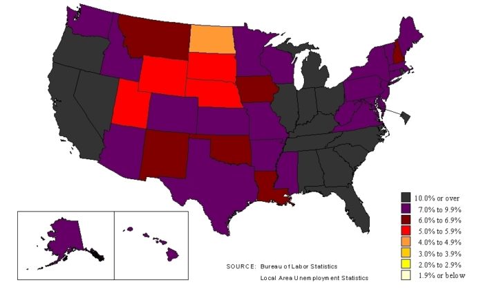 ABOVE, THE STATE-BY-STATE UNEMPLOYMENT picture in June. The darker-colored states have higher jobless rates. (<a href=