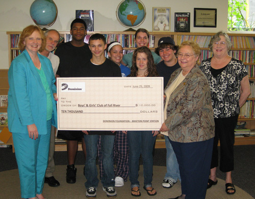 FROM LEFT: Lisa Lundy Kusinitz, community-affairs representative at Brayton Point Station; Steve Dorney, board member of the Dominion Foundation; Alex Cunningham, Stay in School youth participant; Aaron Dern, Stay in School youth participant; Amanda Medeiros, Stay in School youth participant ; Caitlyn Burns, graduation coach, Stay in School program; Cody Victoria and Irene Orlando, Boys & Girls Club of Fall River chairpersons; and Virginia King, board member of the Dominion Foundation. / FROM LEFT: Lisa Lundy Kusinitz, community-affairs representative at Brayton Point Station; Steve Dorney, board member of the Dominion Foundation; Alex Cunningham, Stay in School youth participant; Aaron Dern, Stay in School youth participant; Amanda Medeiros, Stay in School youth participant ; Caitlyn Burns, graduation coach, Stay in School program; Cody Victoria and Irene Orlando, Boys & Girls Club of Fall River chairpersons; and Virginia King, board member of the Dominion Foundation. /