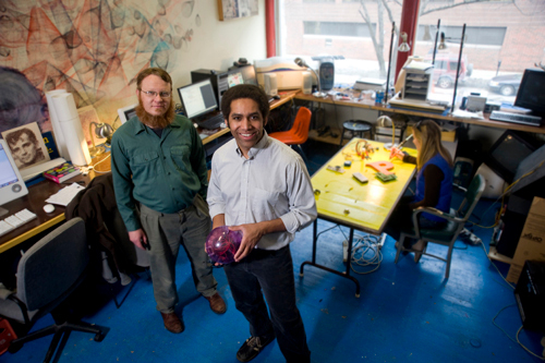 SHAWN WALLACE, left, and Kipp Bradford in the Fab Lab at AS220, whose founder, Umberto Crenca, served on the Creative Providence steering committee. / SHAWN WALLACE, left, and Kipp Bradford in the Fab Lab at AS220, whose founder, Umberto Crenca, served on the Creative Providence steering committee. /