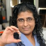 RADHA NARAYANAN, an assistant professor of chemistry at the University of Rhode Island, will research the use of gold nanoparticles that, when placed in water, assist in detecting environmental pollutants. / 