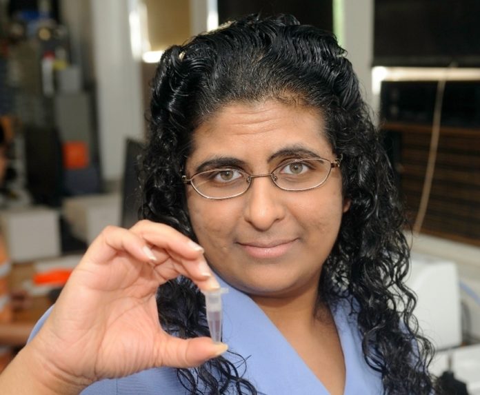 RADHA NARAYANAN, an assistant professor of chemistry at the University of Rhode Island, will research the use of gold nanoparticles that, when placed in water, assist in detecting environmental pollutants. / 