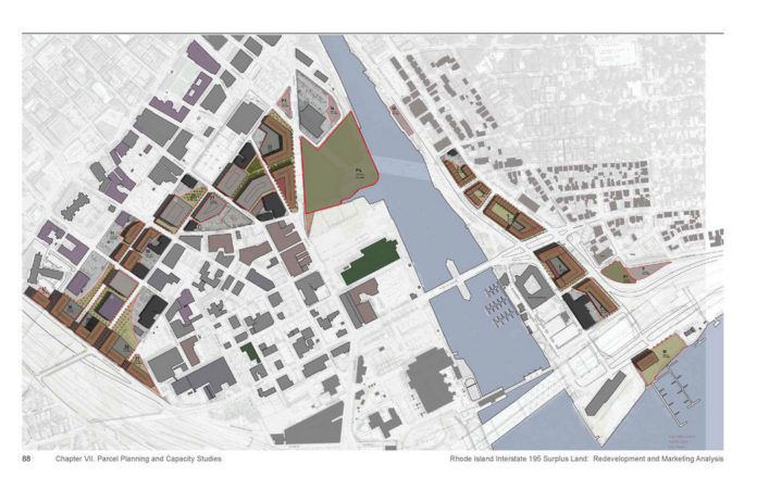 PLANS FOR THE LAND FREED UP by the relocation of Interstate 195 include residential, commercial, educational and recreational uses, represented on this map of the area in the 169-page report released by the state today. For a larger version of the map, click <a href=