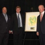 FROM LEFT: Robert G. Flanders, Jr., co-chair of the Brighter Futures luncheon and partner at Hinckley, Allen & Snyder; U.S. Rep. Patrick J. Kennedy; and Donald R. Sweitzer, co-chair of the luncheon and chairman of the GTECH Corp. The Brighter Futures Award is a framed art piece by Rhode Island artist Mimi Sammis. / 