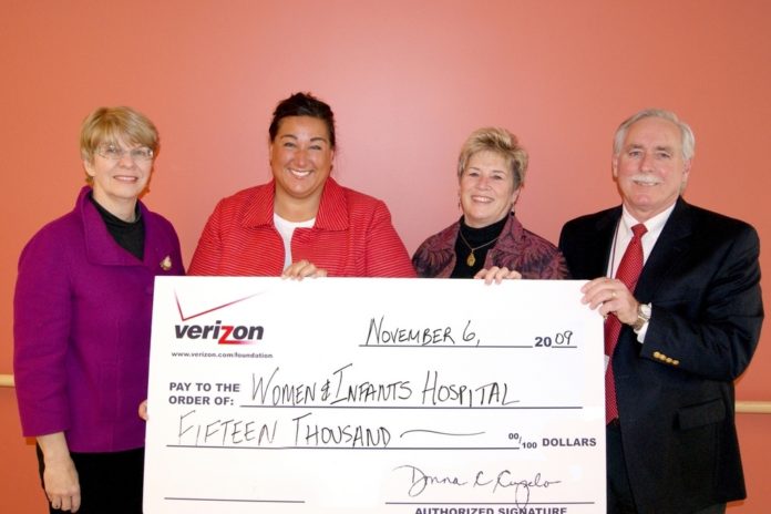 THE VERIZON FOUNDATION recently presented a check for $15,000 to Women & Infants Hospital for a wireless medication bar code system. Pictured from left to right are: Karen Davie, senior vice president for Philanthropy and Governance, Women & Infants; Michele Cinguegrano, regional director for External Affairs, Verizon Foundation; Janet Schipper, RN, MSN, vice president for Clinical Information and Improvement, Women & Infants; and Thomas King, site manager, Information Services, Women & Infants. / THE VERIZON FOUNDATION recently presented a check for $15,000 to Women & Infants Hospital for a wireless medication bar code system. Pictured from left to right are: Karen Davie, senior vice president for Philanthropy and Governance, Women & Infants; Michele Cinguegrano, regional director for External Affairs, Verizon Foundation; Janet Schipper, RN, MSN, vice president for Clinical Information and Improvement, Women & Infants; and Thomas King, site manager, Information Services, Women & Infants. /