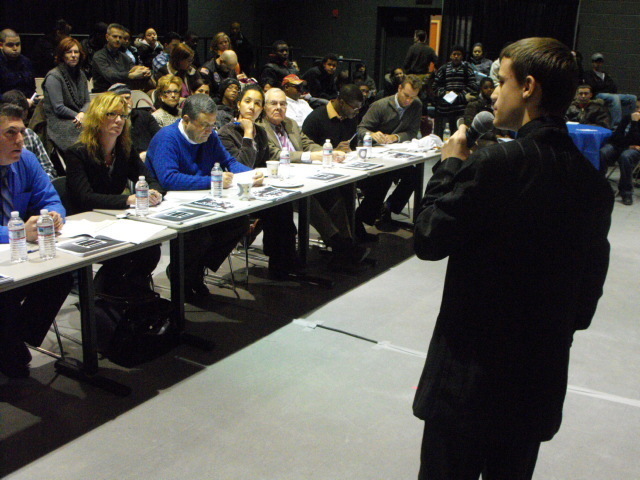 SOPHOMORE NATHEN CUNHA pitches his idea for a graphic-design business to judges at the Met Center. / SOPHOMORE NATHEN CUNHA pitches his idea for a graphic-design business to judges at the Met Center. /