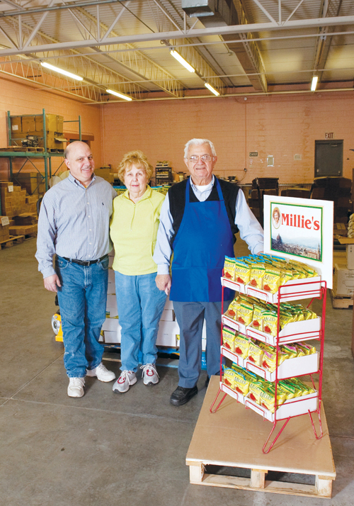 FROM SOUP TO NUTS: John Pezzillo, left, and his parents Millie and John Pezzillo, show off Westfield Foods’ marquee product, Millie’s Soups. / FROM SOUP TO NUTS: John Pezzillo, left, and his parents Millie and John Pezzillo, show off Westfield Foods’ marquee product, Millie’s Soups. /