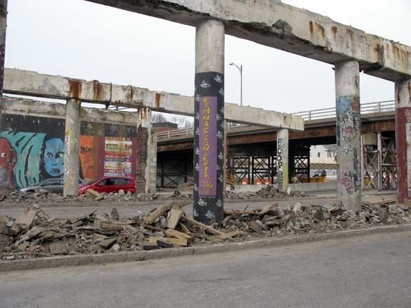 THE REMAINS of the Interstate 195 overpass over Wickenden Street in early February. The DOT largely wrapped up demolition this week. / THE REMAINS of the Interstate 195 overpass over Wickenden Street in early February. The DOT largely wrapped up demolition this week. /