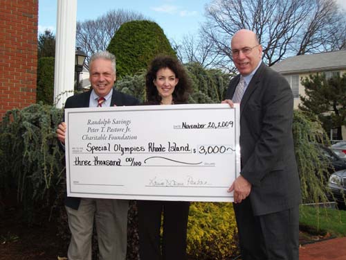 FROM LEFT: Paul Balsamo, director, and Dr. Louise Dichiara Pastore, chairman of Randolph Savings Peter T. Pastore, Jr. Charitable Foundation; and Dennis DeJesus, executive director of Special Olympics Rhode Island. / FROM LEFT: Paul Balsamo, director, and Dr. Louise Dichiara Pastore, chairman of Randolph Savings Peter T. Pastore, Jr. Charitable Foundation; and Dennis DeJesus, executive director of Special Olympics Rhode Island. /