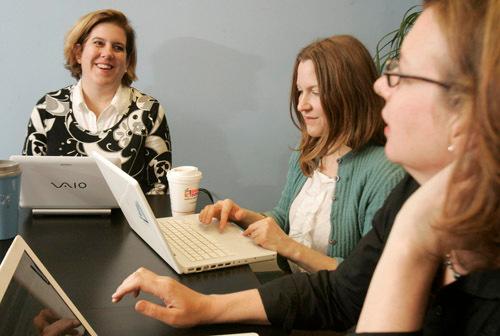 APPLICABLE: BatchBlue President Pamela O’Hara, left, Operations Manager Keri Calhoun, center, and Michelle Riggen-Ransom, in the firm’s Providence office. / APPLICABLE: BatchBlue President Pamela O’Hara, left, Operations Manager Keri Calhoun, center, and Michelle Riggen-Ransom, in the firm’s Providence office. /