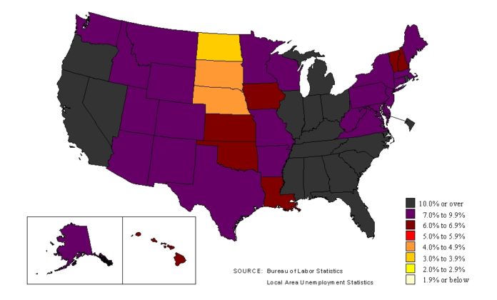 ABOVE, THE STATE-BY-STATE UNEMPLOYMENT picture in May. The darker-colored states have higher jobless rates. (<a href=