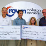 FROM LEFT: Tom Kowalczyk, co-chair of the Aquidneck Island Watershed Council Education Committee; Jameson Chace; Pamela Harrigan, vice president and chief financial officer, Crown Collision Centers; and Edward Sortwell Clement Jr., executive director of the Aquidneck Land Trust. / 