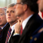 KEN SALAZAR (LEFT), SECRETARY OF THE U.S. DEPARTMENT OF INTERIOR, signed a 28-year lease with the developers of Cape Wind on Wednesday. Salazar is seen above at a Sept. 22 meeting in Washington. / 