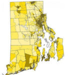 A BROWN UNIVERSITY STUDY REVEALED geographical disparities in the amount of risk for lead poisoning in Rhode Island children. Darker areas indicate increased risk for lead poisoning. For a larger version of this image, CLICK HERE. / 
