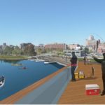 A RENDERING of a proposed pedestrian bridge over the Providence River. This proposal, as well as 10 others, is on display. / 