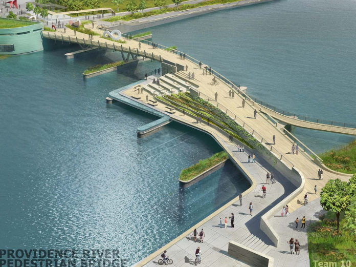 THE WINNING DESIGN for the new pedestrian bridge over the Providence River will include gardens and, facing downtown, a water-level cafe. For a larger version of this image, <a href=