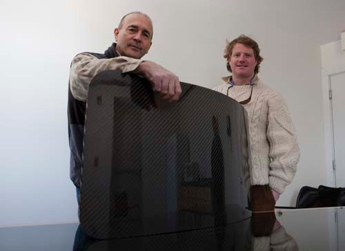 COMPOSITE SKETCH: Composite Energy Technologies Chief Technology Officer Eric Goetz, left, and President Chase Hogoboom display carbon-fiber samples. / COMPOSITE SKETCH: Composite Energy Technologies Chief Technology Officer Eric Goetz, left, and President Chase Hogoboom display carbon-fiber samples. /