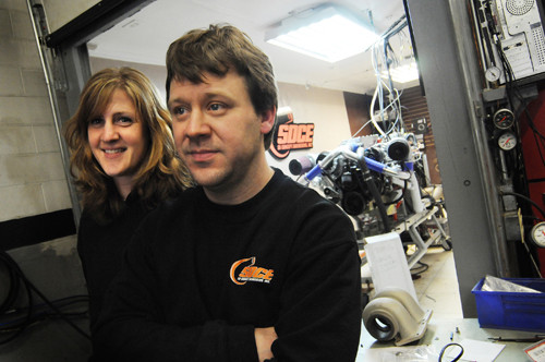 BACK ON TRACK: Wendy Field and Scott Dickerson are the owners of SD Concept Engineering in West Warwick. Ravaged by flooding, the company has begun to find its footing. / BACK ON TRACK: Wendy Field and Scott Dickerson are the owners of SD Concept Engineering in West Warwick. Ravaged by flooding, the company has begun to find its footing. /