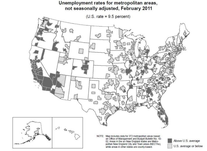 NATIONWIDE, unemployment rates were lower in February than a year earlier in 308 of the 372 metropolitan areas, higher in 52 areas and unchanged in 12 areas.
For a larger version of this image, <a href=