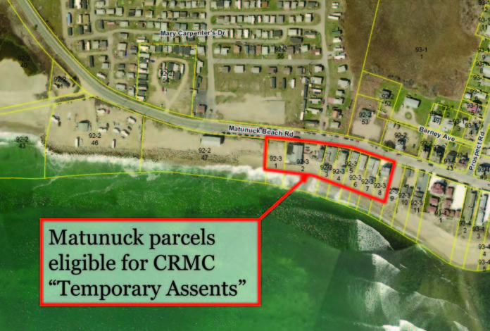 BOARD ROOM: A CRMC map outlining the properties in South Kingstown eligible to install temporary bulkheads to protect against beach erosion. Groups have complained the council's approval of the bulkheads shows a lack of long-term foresight.  / 