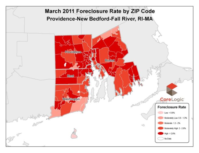 FORECLOSURES in the Providence area rose in March compared with the same time last year, CoreLogic said Monday. For a larger version of this map click <a href=