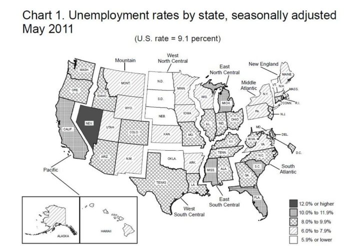 Twenty-four states recorded month-over-month unemployment rate decreases, 13 states and the District of Columbia registered rate increases and 13 states were unchanged. For a larger version of this image, <a href=