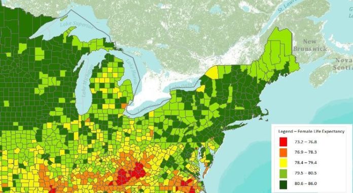 FEMALE LIFE EXPECTANCY by county in 2007, according to the Institute for Health Metrics and Evaluation. For a larger version of this image, <a href=