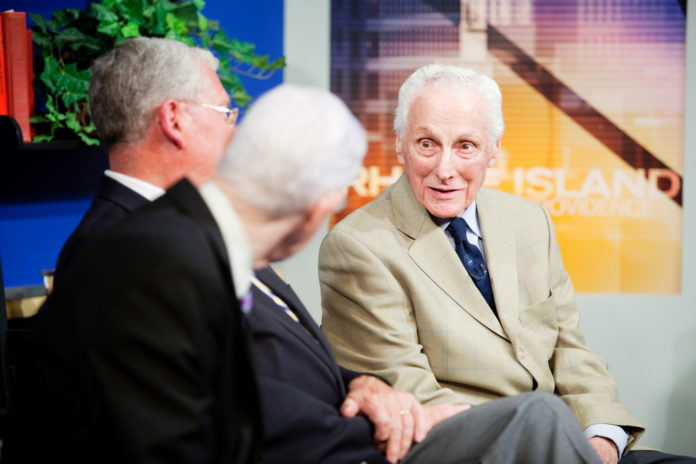 FORMER GOV. BRUCE SUNDLUN took part in the Providence Business News 25th anniversary roundtable discussion, held at WJAR-TV NBC 10 in May, with three other former governors and Gov. Lincoln D. Chafee. With Sundlun in this photo are former Govs. Donald L. Carcieri, left, and J. Joseph Garrahy. / 