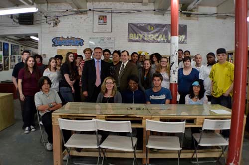 BILL DARCEY, middle left, president and CEO of Provider Insurance Group Inc., and Jamie Moran (middle right), employee-benefits specialist at Provider Insurance, stand with teens at RiverzEdge Arts Project after presenting scholarships to the winners of Provider’s music-video contest. BILL DARCEY, middle left, president and CEO of Provider Insurance Group Inc., and Jamie Moran (middle right), employee-benefits specialist at Provider Insurance, stand with teens at RiverzEdge Arts Project after presenting scholarships to the winners of Provider’s music-video contest.