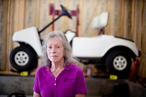 TO A TEE: Erma Gardner, president of E.W. Gardner Golf Cars, says that every day is different in her business. The 22-year-old company modifies golf carts to fit specific needs. / PBN PHOTO/RYAN T. CONATY TO A TEE: Erma Gardner, president of E.W. Gardner Golf Cars, says that every day is different in her business. The 22-year-old company modifies golf carts to fit specific needs. / PBN PHOTO/RYAN T. CONATY