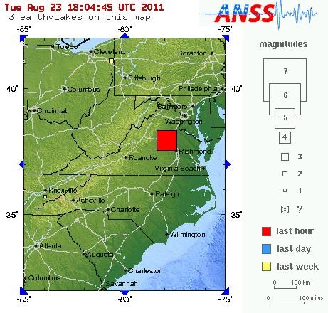 THE U.S. Geological Survey said a 5.9 magnitude earthquake hit 41 miles northwest of Richmond, Va., at 1:51 p.m. local time. / COURTESY USGS THE U.S. Geological Survey said a 5.9 magnitude earthquake hit 41 miles northwest of Richmond, Va., at 1:51 p.m. local time. / COURTESY USGS
