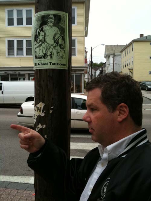 COURTESY R.I. PARANORMAL ACADEMY
TOUR GUIDE: Frederick Wilmott, standing near a utility pole bearing a poster for R.I. Paranormal Academy ghost tours, leads a private tour in Providence earlier this year. COURTESY R.I. PARANORMAL ACADEMY
TOUR GUIDE: Frederick Wilmott, standing near a utility pole bearing a poster for R.I. Paranormal Academy ghost tours, leads a private tour in Providence earlier this year.