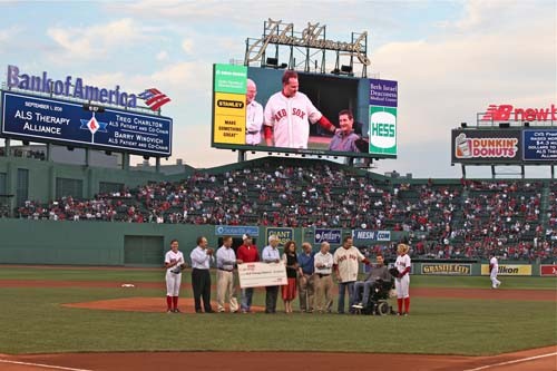 COURTESY SUE BRUCE PHOTOGRAPHY
FROM LEFT: Boston Red Sox ball girl; Larry Merlo, president and CEO of CVS Caremark Corp.; Jon Roberts, executive vice president of CVS Caremark; ALS patient and former NFL player Kevin Turner; Dr. Robert Brown, president of the ALS Therapy Alliance; Dr. Merit Cudkowicz, Dr. Larry Hayward and Dr. Robert Horvitz, directors of ALS Therapy Alliance; Treg Charlton, regional director of real estate for CVS Caremark, campaign co-chair and ALS patient; Barry Winovich, campaign co-chair and ALS patient; and Boston Red Sox ball girl. COURTESY SUE BRUCE PHOTOGRAPHY
FROM LEFT: Boston Red Sox ball girl; Larry Merlo, president and CEO of CVS Caremark Corp.; Jon Roberts, executive vice president of CVS Caremark; ALS patient and former NFL player Kevin Turner; Dr. Robert Brown, president of the ALS Therapy Alliance; Dr. Merit Cudkowicz, Dr. Larry Hayward and Dr. Robert Horvitz, directors of ALS Therapy Alliance; Treg Charlton, regional director of real estate for CVS Caremark, campaign co-chair and ALS patient; Barry Winovich, campaign co-chair and ALS patient; and Boston Red Sox ball girl.
