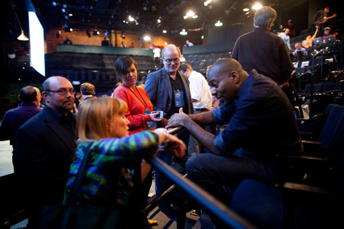 GETTING DOWN TO BUSINESS: Participants in the BIF-7 conference speak to John Cropper, founder of Futurlogic. He was one of the speakers at the two-day event, held at Trinity Repertory Company in Providence. / PHOTO COURTESY STEPHANIE EWENS GETTING DOWN TO BUSINESS: Participants in the BIF-7 conference speak to John Cropper, founder of Futurlogic. He was one of the speakers at the two-day event, held at Trinity Repertory Company in Providence. / PHOTO COURTESY STEPHANIE EWENS