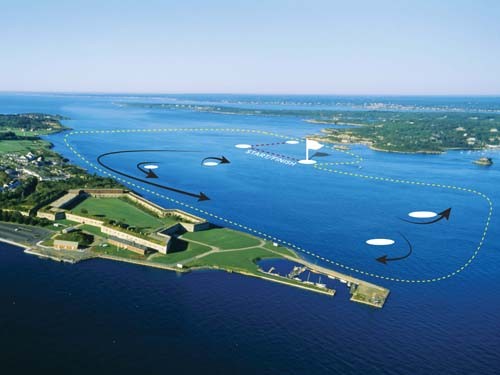 SETTING A COURSE: The course that 45-foot catamarans will follow in the America's Cup World Series race set to take place between June 23 to July 1, 2012, in Newport. Fort Adams is in the foreground. / IMAGE COURTESY EDC SETTING A COURSE: The course that 45-foot catamarans will follow in the America's Cup World Series race set to take place between June 23 to July 1, 2012, in Newport. Fort Adams is in the foreground. / IMAGE COURTESY EDC