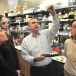TEAMWORK: Brown University neuroscience professor Justin Fallon, second from right, with members of his research team, from left: Alison Amenta, Carolyn Schmiedel and Beth McKechnie. The team is searching for a treatment for Duchenne Muscular Dystrophy. / PBN PHOTO/FRANK MULLIN