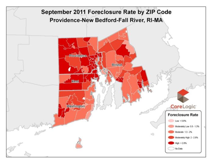 THE RATE OF FORECLOSURES for September in the Providence-New Beford-Fall River area increased slightly from the same 2010 period, according to California-based data tracker CoreLogic. For a larger version of this graphic <a href=