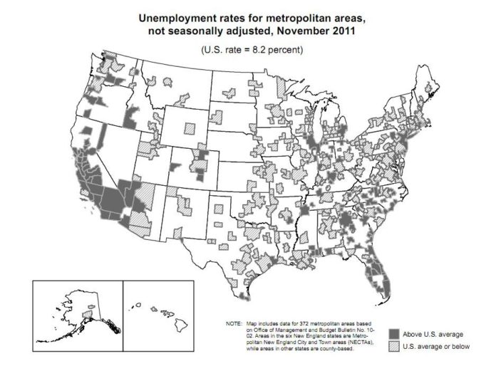 ACROSS the U.S., unemployment rates were lower in November, compared to a year earlier, in 351 of 372 metropolitan areas; higher in 16 areas; and unchanged in five areas, the BLS said. For a larger version of this image, <a href=