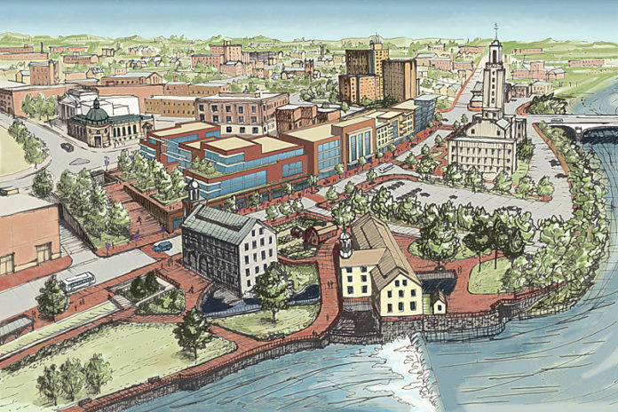 A LOT OF WORK: A rendering commissioned by The Pawtucket Foundation in 2008 illustrates the development potential of an area that now includes a large surface parking lot owned by Pawtucket and the Pawtucket Redevelopment Agency. / COURTESY THE PAWTUCKET FOUNDATION/DURKEE BROWN VIVEIROS AND WERENFELS ARCHITECTS