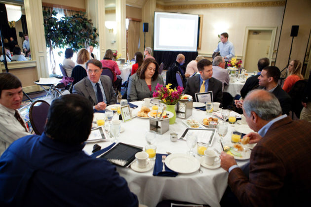 Guests enjoy continental breakfast at the summit at the Providence Marriott / RUPERT WHITELY