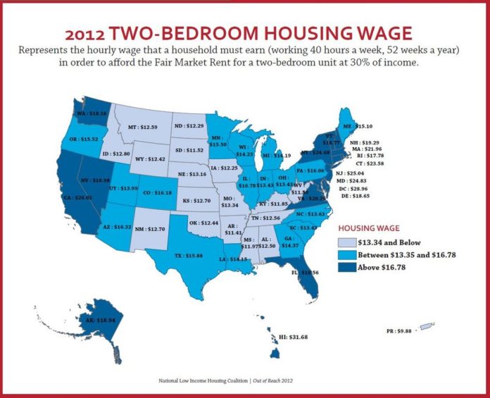 IN ORDER FOR a person earning the average wage in Rhode Island to afford the average two-bedroom apartment, he would have to work 61 hours per week. For a larger version of this graphic, <a href=