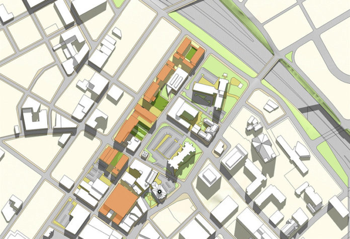 COURTESY JWU
URBAN EXPANSION: Johnson & Wales University’s new master plan calls for between six and eight new buildings, shown in orange above, to be constructed over the next 10 years in Providence.
