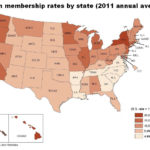 R.I. is 6th highest in union workers RHODE ISLAND has the 6th highest percentage of union workers in the country, according to the U.S. Bureau of Labor and Statistics. For a larger version of this map, click HERE. / COURTESY THE U.S. BUREAU OF LABOR AND STATISTICS