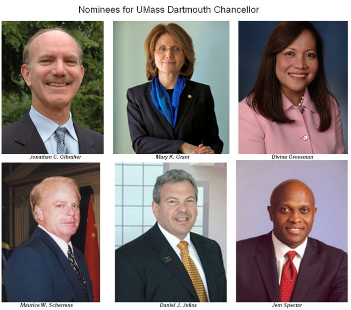 UMASS Dartmouth announced the six nominees for its Chancellor position. Clockwise from upper left, Jonathan C. Gibralter, Mary K. Grant, Divina Grossman, Jem Spectar, Daniel J. Julius and Maurice W. Scherrens. / COURTESY UMASS DARTMOUTH