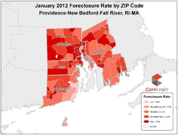 THE PROVIDENCE-Fall River-New Bedford area foreclosure rate dropped 0.45 percentage points in January compared with January of last year. For a larger version of this map, click <a href=