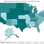NATIONALLY, state personal income rose an average of 5.1 percent in 2011 after rising only 3.7 percent in 2010, according to a U.S. Bureau of Economic Analysis report.  For a larger version of this map, click HERE. / COURTESY U.S. BUREAU OF ECONOMIC ANALYSIS