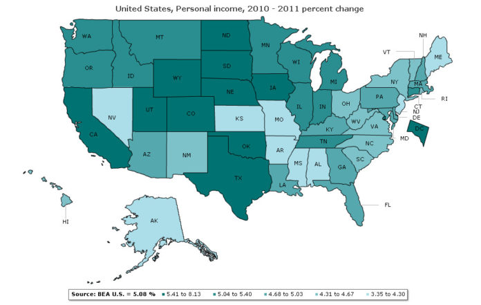 NATIONALLY, state personal income rose an average of 5.1 percent in 2011 after rising only 3.7 percent in 2010, according to a U.S. Bureau of Economic Analysis report.  For a larger version of this map, click <a href=