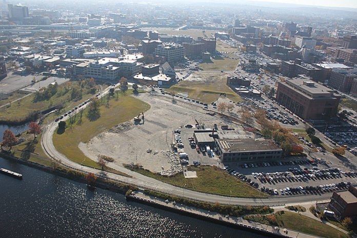 BIRD'S I VIEW: An aerial shot of the land poised for redevelopment in the wake of the I-195 relocation. About 1.7 acres once set for green space will now be available for development. / PHOTO COURTESY DOT