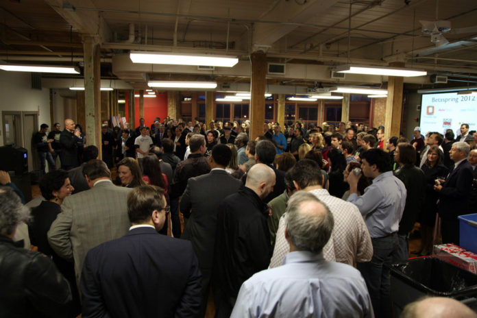 BETASPRING FOUNDER ALAN TEAR addresses the crowd at the startup accelerator's Open House in March. Tear, along with Soren Ryherd, were awarded $300,000 each as part of the inaugural Rhode Island Innovation Fellowship. Both winners hope to create many new ventures with the money. / COURTESY BETASPRING BETASPRING FOUNDER ALAN TEAR addresses the crowd at the startup accelerator's Open House in March. Tear, along with Soren Ryherd, were awarded $300,000 each as part of the inaugural Rhode Island Innovation Fellowship. Both winners hope to create many new ventures with the money. / COURTESY BETASPRING